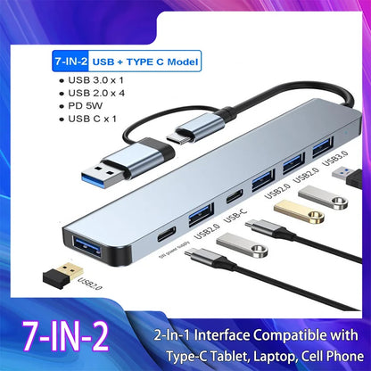 USB-C Hub USB 3.0 HUB C Ports to 7 Ports USB HUB USB Splitter with USB 3.0 4 USB 2.0 and 2 USB C Ports USB Distributor