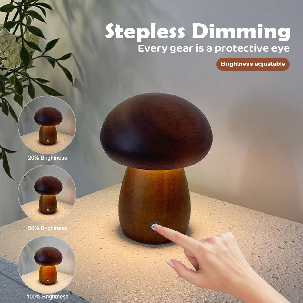 Wooden Mushroom Night Light Touch Switch Dimmable LED USB Charging Table Lamp for Bedroom Home Decor Unique Gift Idea