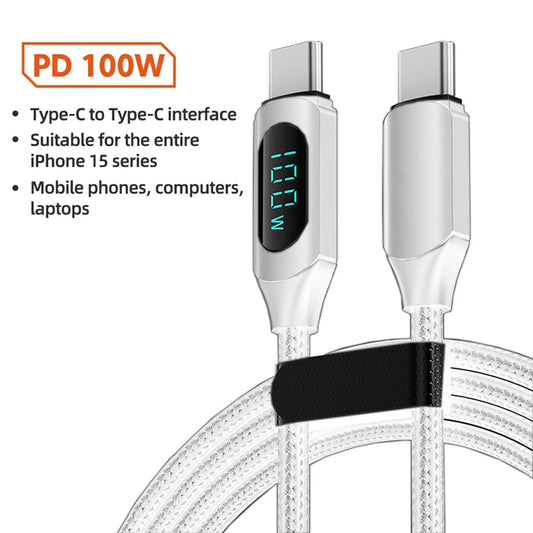 100W 1m/2m Real-time Digital Dispaly Type C to Type C Cable PD Fast Charger USB C to USB C Cable For iphone 15 16 Data Cord Wire