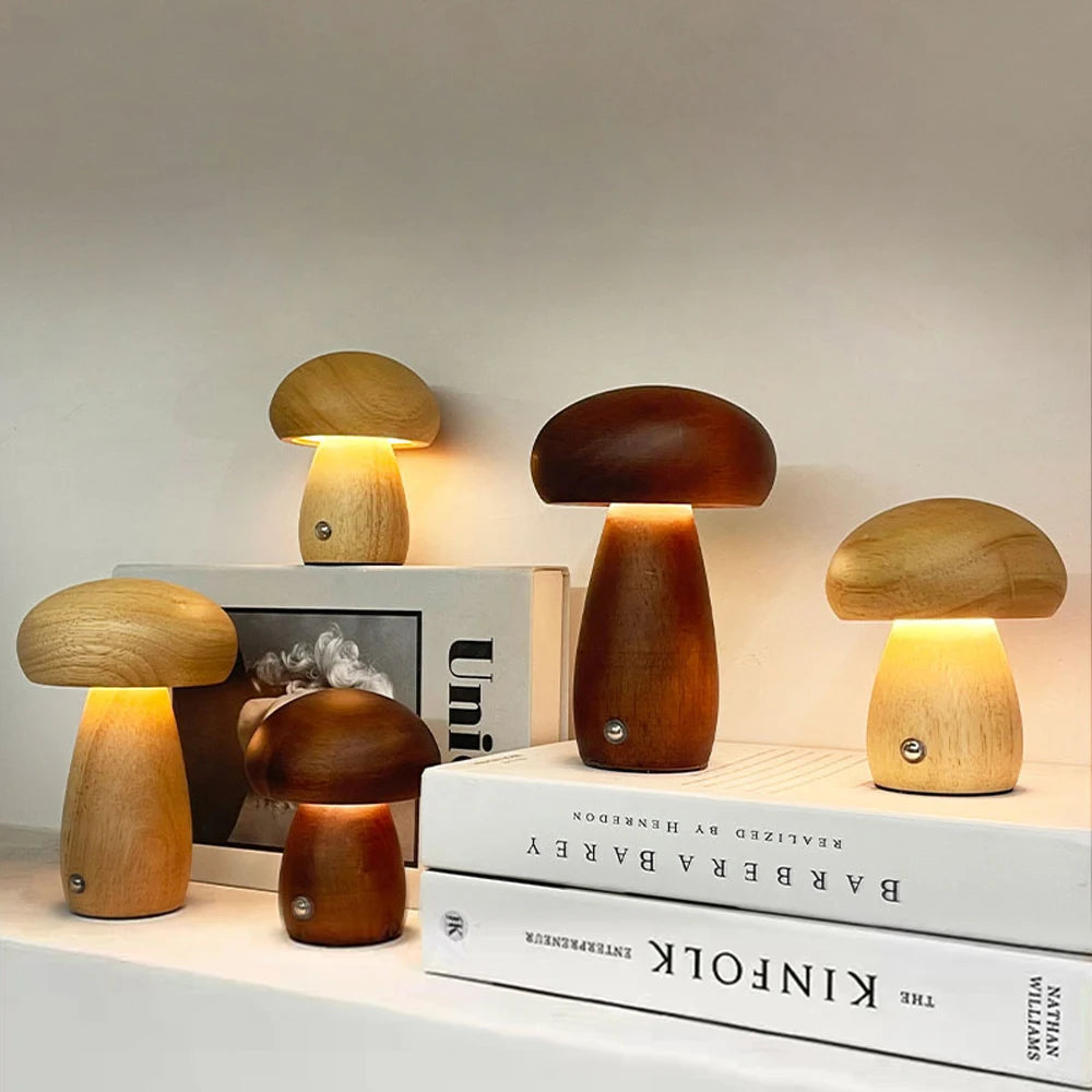 Wooden Mushroom Night Light Touch Switch Dimmable LED USB Charging Table Lamp for Bedroom Home Decor Unique Gift Idea