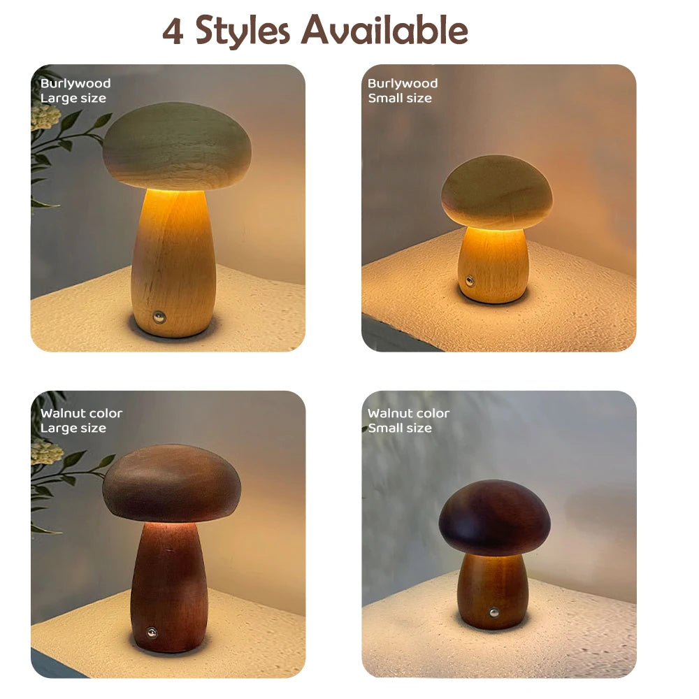 Wooden Mushroom Night Light Touch Switch Dimmable LED USB Charging Table Lamp for Bedroom Home Decor Unique Gift Idea