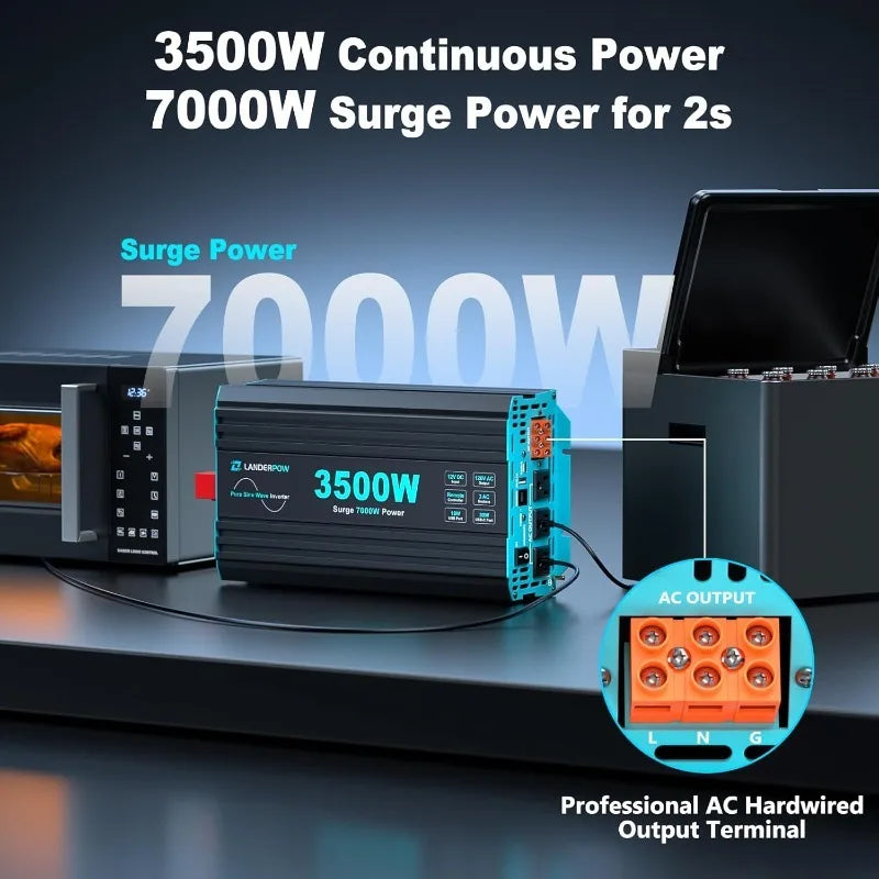 Pure Sine Wave 3500W Power Inverter 12V DC To 120V AC For RV, Truck, Home, Off-Grid, Solar, Inverter With 3 AC Outlet, 30W USB-C